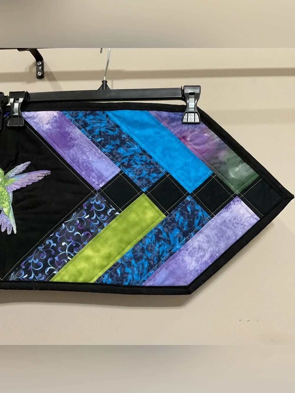 Quilted Hummingbird Table Runner Handmade Embroidered Patchwork OOAK